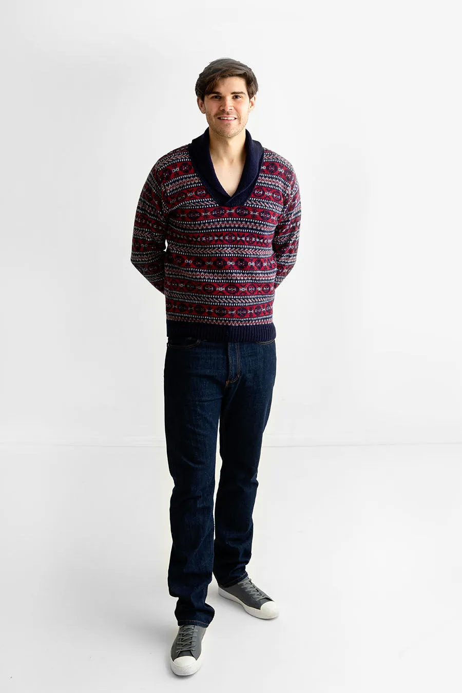 Mens Fair isle Lerwick Shawl Collar Jumper - Navy