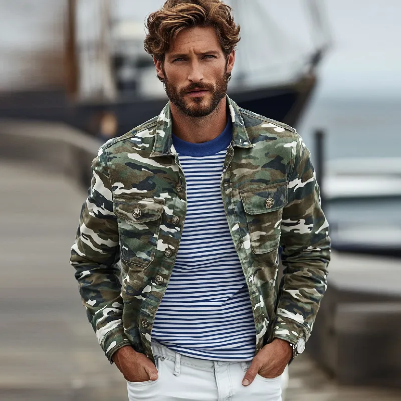 Men's Vintage Camouflage Washed Lapel Double Chest Pockets Jacket 99463965Y