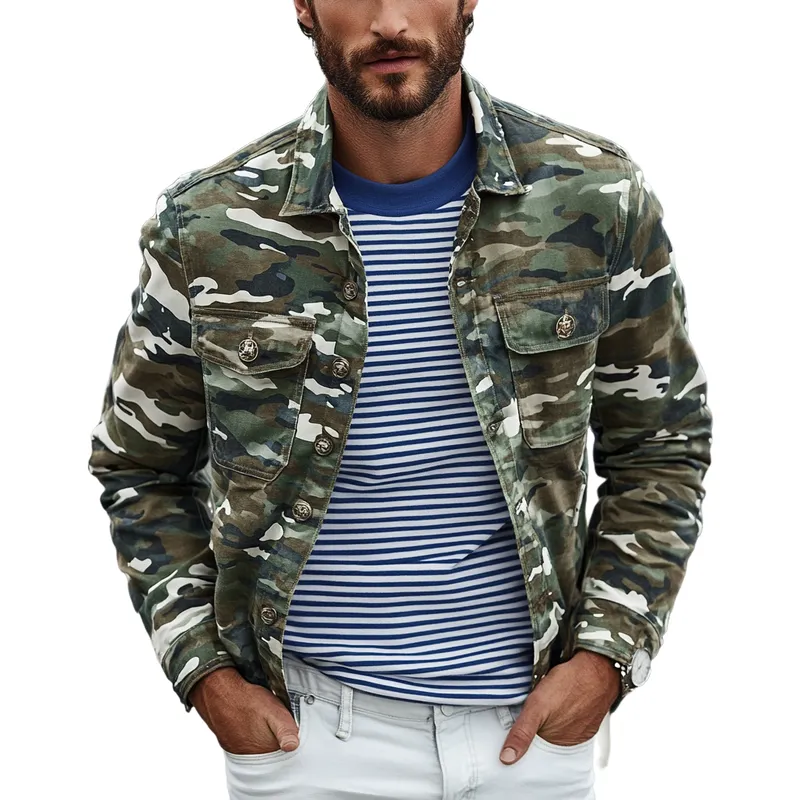 Men's Vintage Camouflage Washed Lapel Double Chest Pockets Jacket 99463965Y