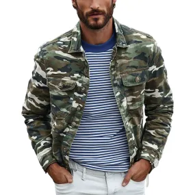 Men's Vintage Camouflage Washed Lapel Double Chest Pockets Jacket 99463965Y