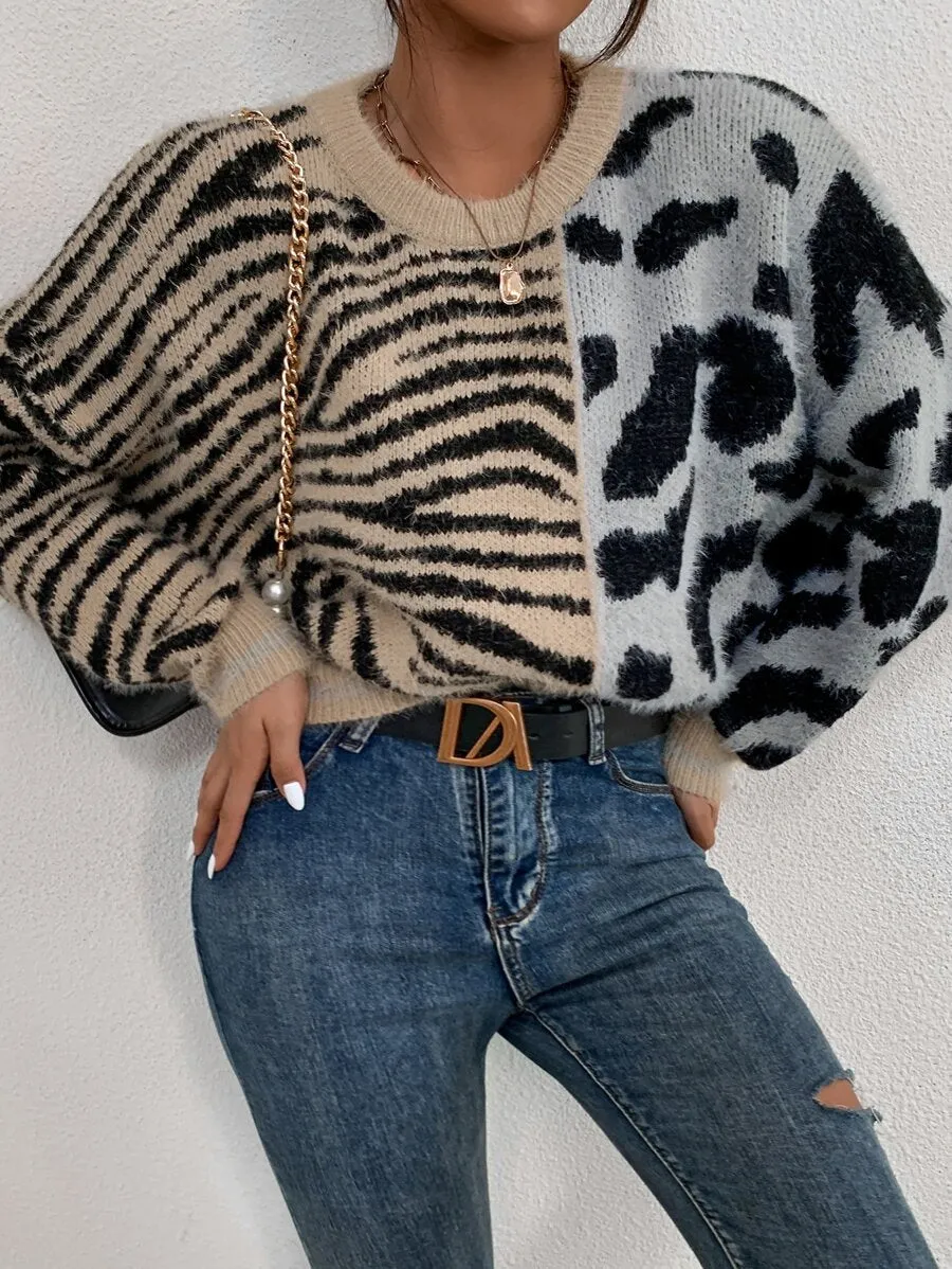 Monaco Zebra Striped And Cow Fluffy Knit Jumper