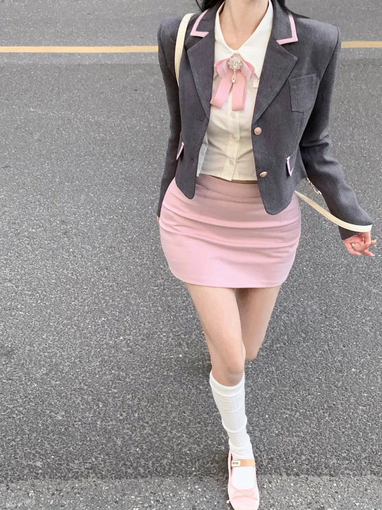 Monet Dark Academia Pink Gray Blazer Jacket White T Shirt Pink Short Skirt Three Piece Set