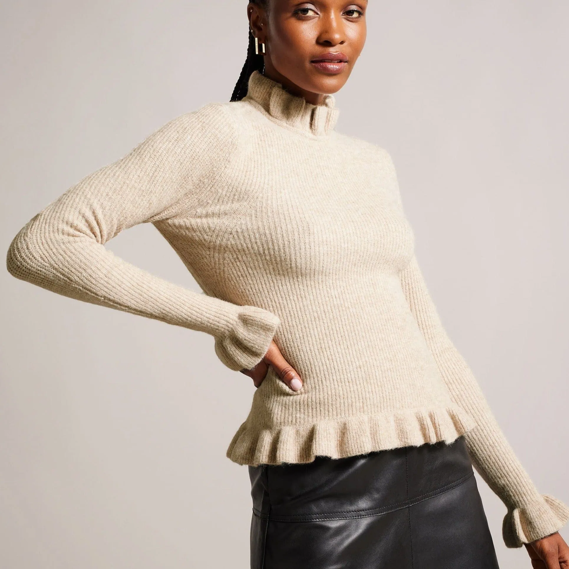 Ted Baker Pipalee Frill Detail Jumper in Camel