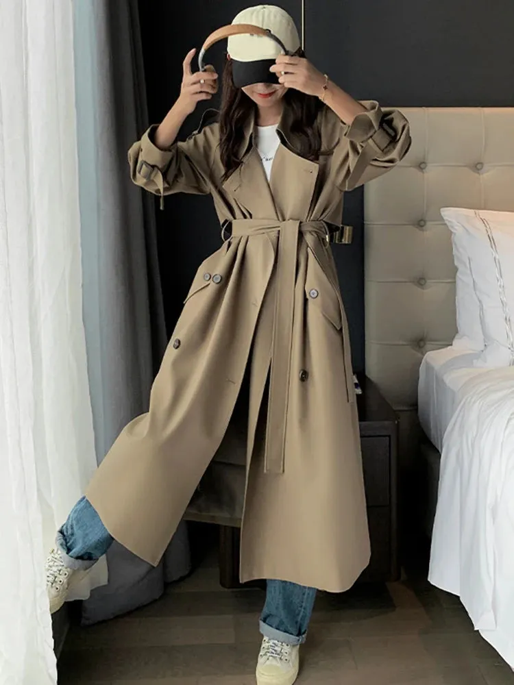 Wjczt Irregular Trench Coat For Women 2024 Spring Solid Color Lapel Double Breasted Fashion Long Windbreaker Clothing 2R7862