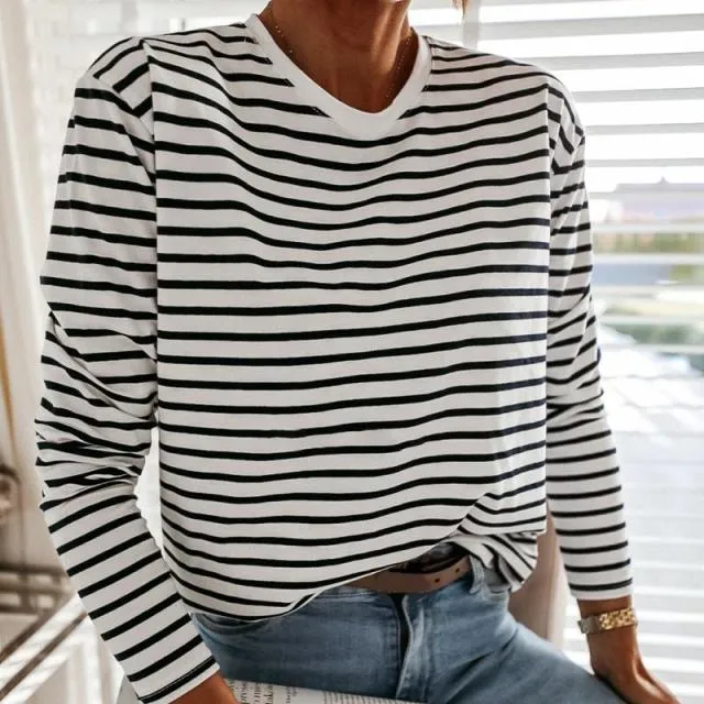 Women Black And White Striped Shirt | Round Crew Neck Shirt | Korean Shirt Long Sleeve Loose Pullover Shirt | Black & White Striped Top