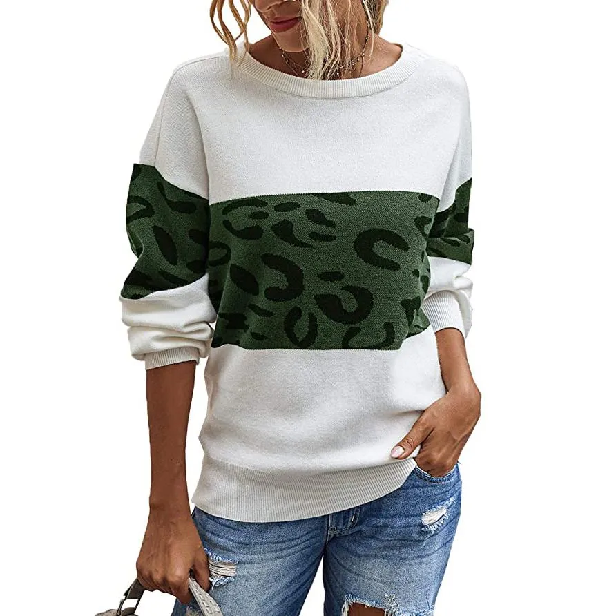 Women’s Long Sleeve Off Shoulder Knitted Leopard Print Sweater