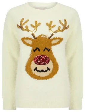 Women's Reindeer Face Sequin Novelty Feather Knit Christmas Jumper in Gardenia - Merry Christmas